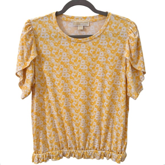 Michael Kors Floral Short-Sleeve Shirt Blouse Tulip Sleeves Yellow White Sz L - Picture 1 of 8